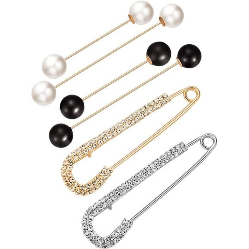 6 Pieces Sweater Shawl Clips Retro Pearl Brooch Pins Crystal